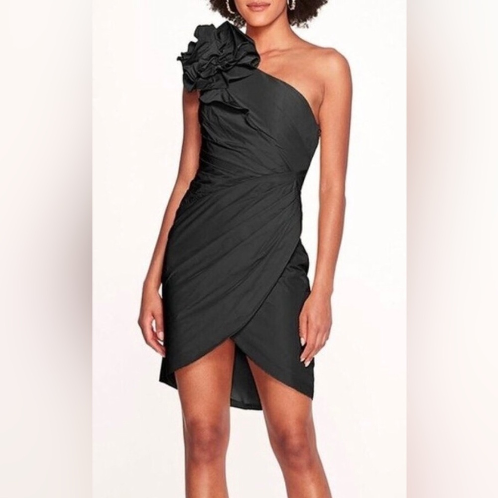 NWT Marchesa Notte blk one shoulder ruched front taffeta dress